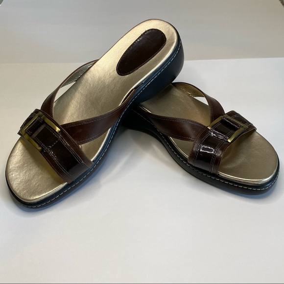 Rockport Sandals Leather Slip Ons Brown and Metallic Gold made in Brazil 8.5 - Picture 2 of 9
